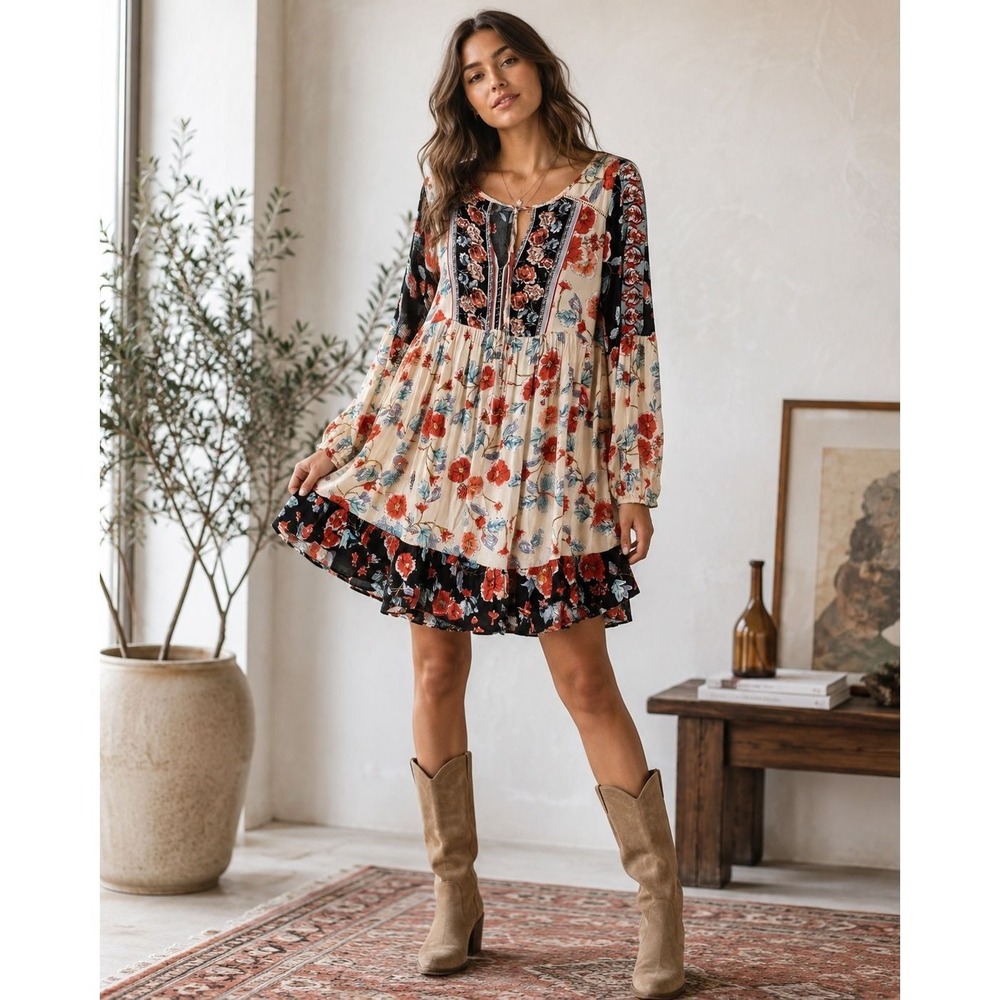 Patrons of Peace Floral Mixed Print Babydoll Tunic Dress Black Red Medium